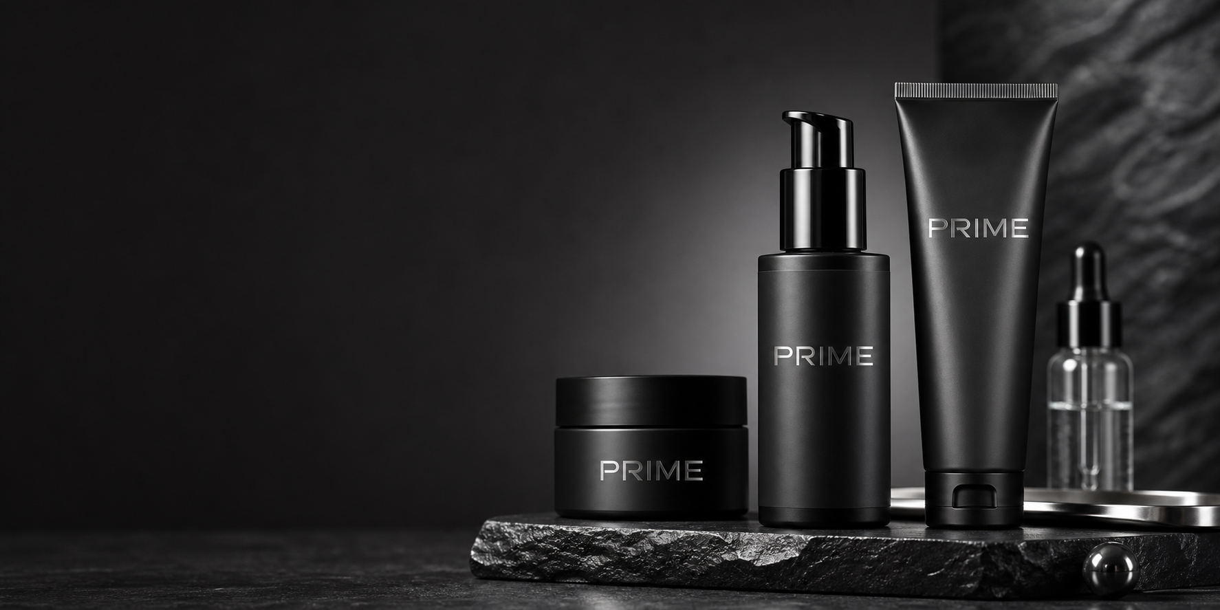 PRIME men's skincare system — caffeine eye serum, cleanser, and moisturizer for men on dark stone